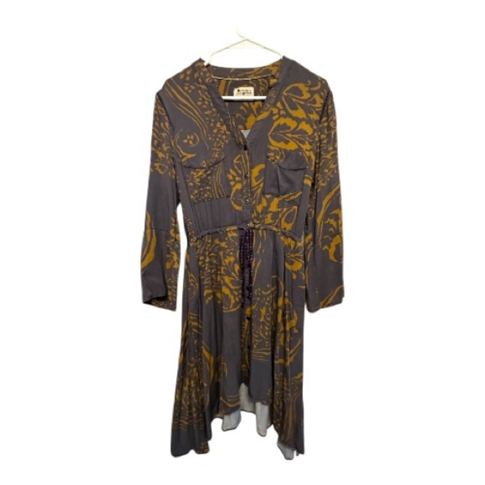 HOLDING HORSES Gray and Gold Long Sleeve Dress W/ Pockets and Drawstring Small